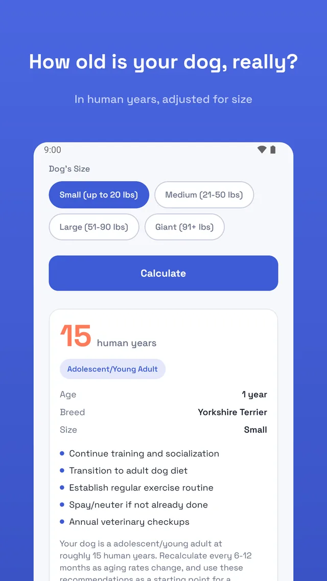 Dog age calculator result screen showing a dog age converted to human years