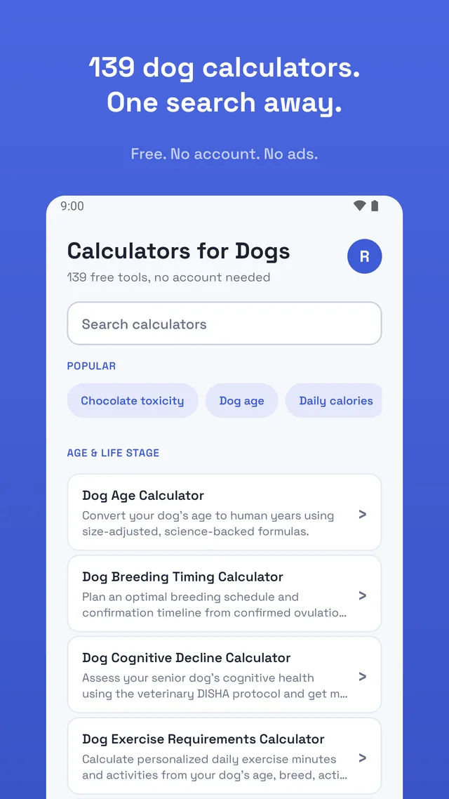 App home screen with a search box and calculator categories