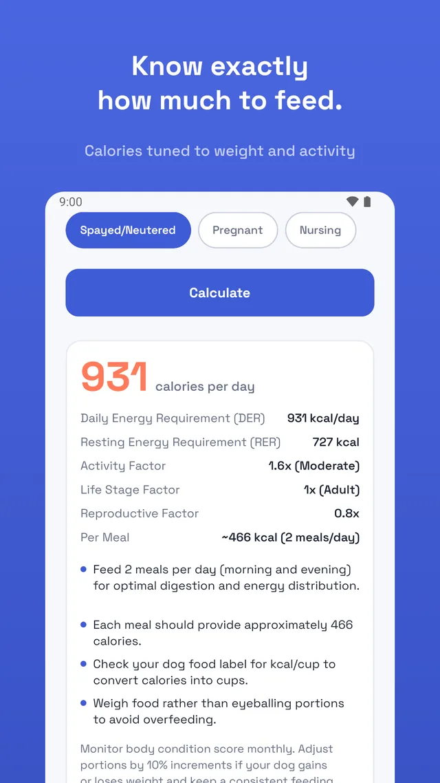 Daily calorie needs result screen showing calories tuned to weight and activity