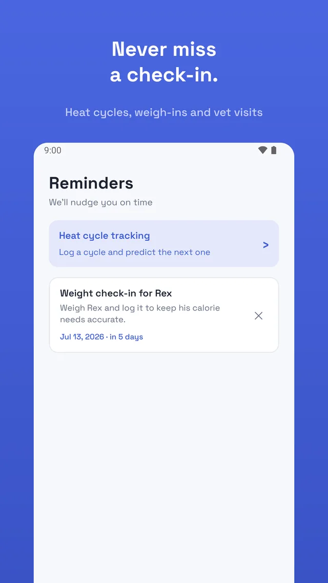 Reminders screen listing scheduled dog health check-ins