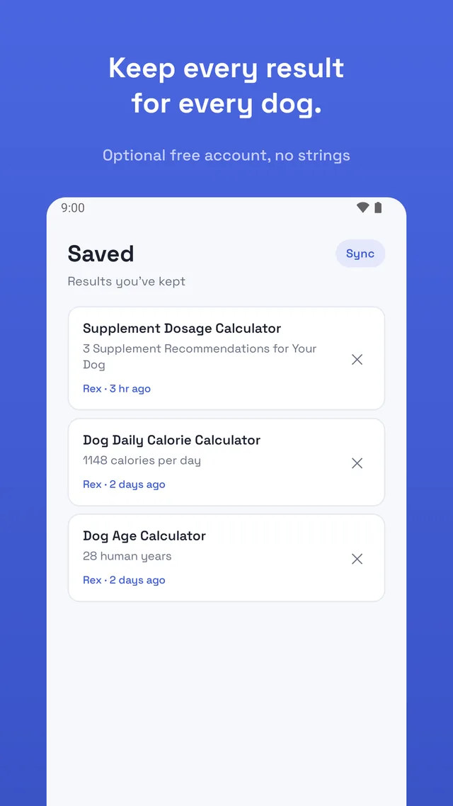 Saved results screen listing previous calculations for a dog