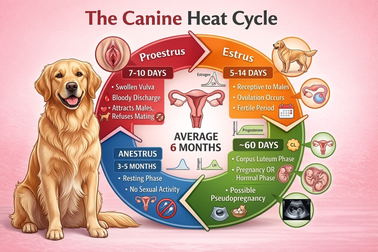 Diagram showing the four stages of the canine heat cycle: Proestrus (7-10 days), Estrus (5-14 days), Diestrus (~60 days), and Anestrus (3-5 months), with an average total cycle of 6 months